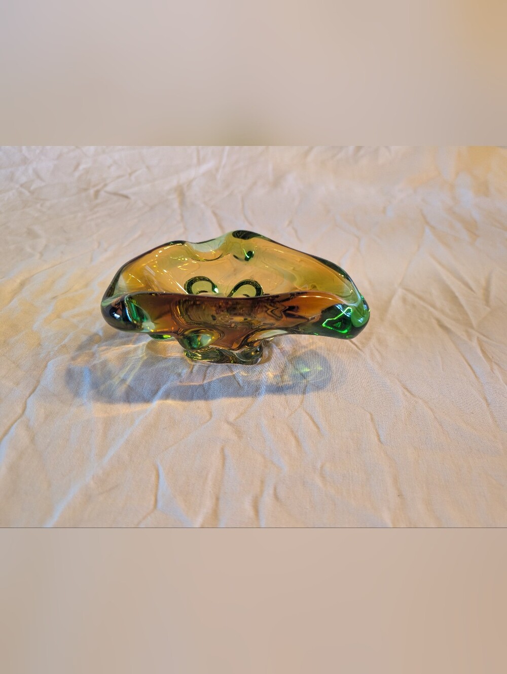 2/60$ Chalet Green and Amber Art Glass Decorative Bowl / Trinket Dish